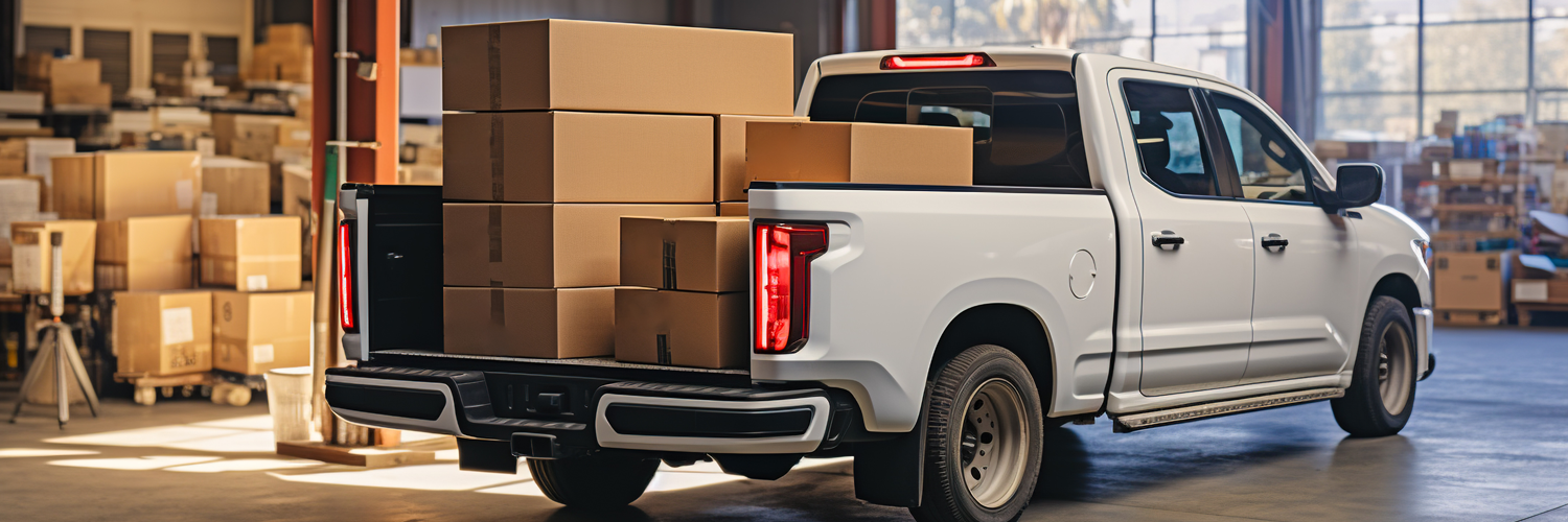 Camioneta estacionada en una bodega es cargada con cajas